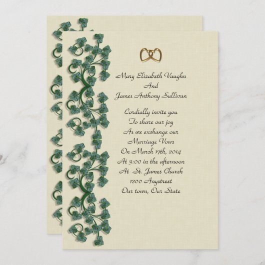 Einladung Efeu Blätter auf Leinenlook BG Hochzeit (Vorne/Hinten)