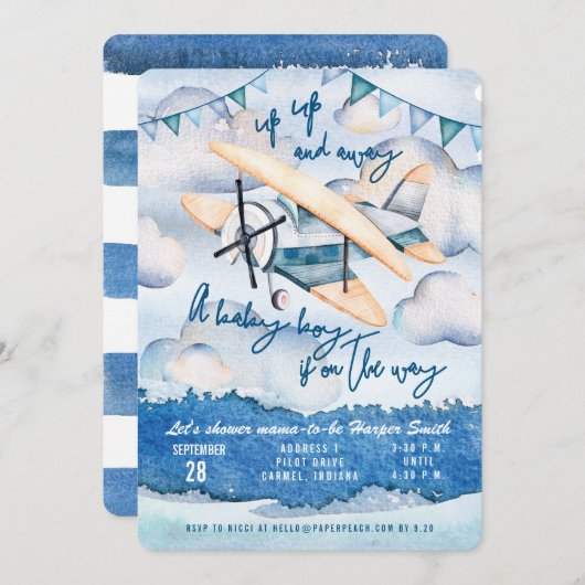 Einladung eines Babyboys mit Aquarell (Vorne/Hinten)