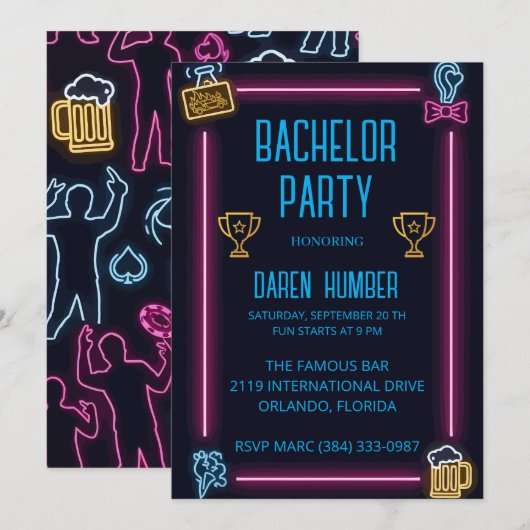 Einladung eines Bachelors - Neondesign (Vorne/Hinten)
