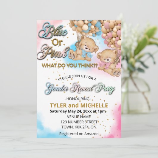 Einladung eines blauen oder rosa Geschlechts (Stehend Vorderseite)