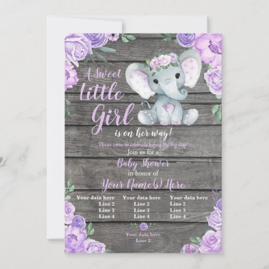 Einladung eines Elefanten, rustikal, lila (Vorderseite)