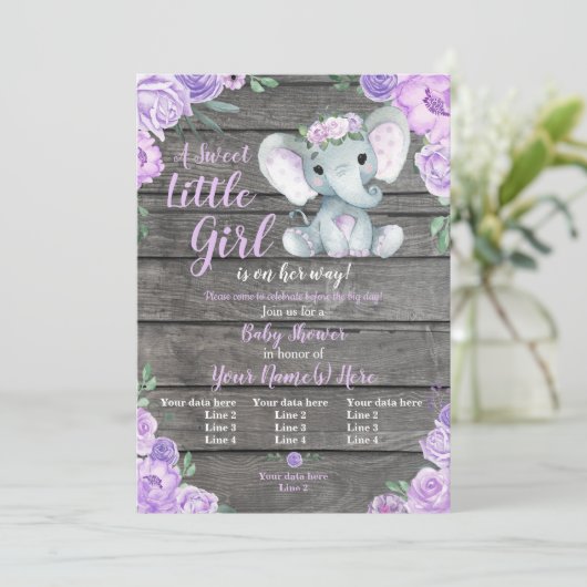 Einladung eines Elefanten, rustikal, lila (Stehend Vorderseite)