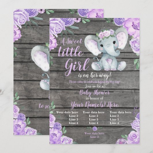 Einladung eines Elefanten, rustikal, lila (Vorne/Hinten)