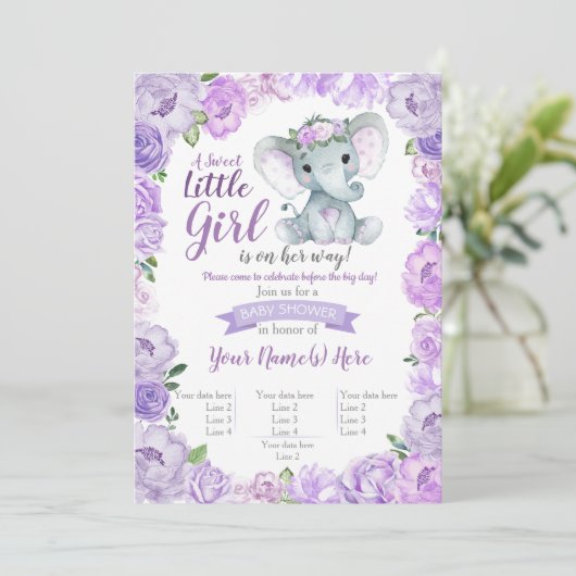 Einladung eines Elefanten, rustikal, lila (Stehend Vorderseite)