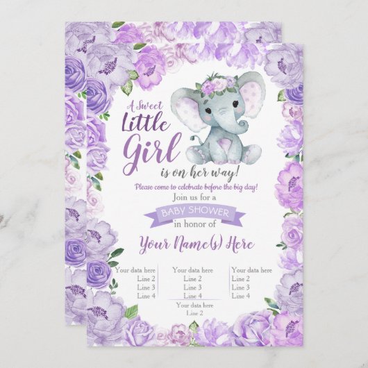 Einladung eines Elefanten, rustikal, lila (Vorne/Hinten)