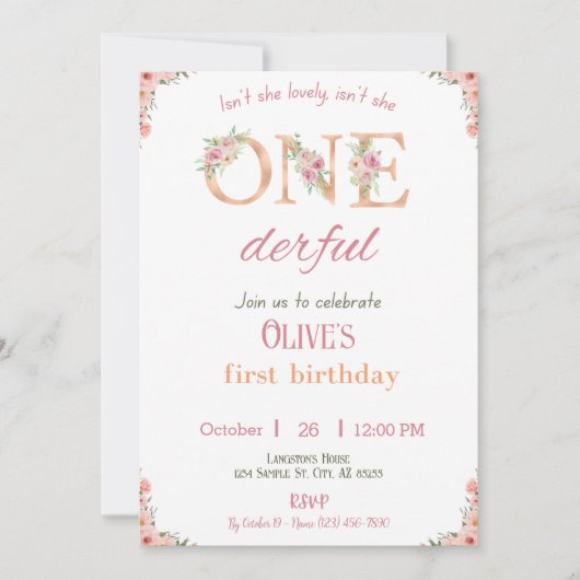 Einladung eines Geburtstags-Mädchens 1. Geburtstag (Vorderseite)