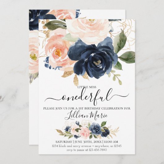 Einladung eines Mädchens in Navy und Blush zum Geb (Vorne/Hinten)