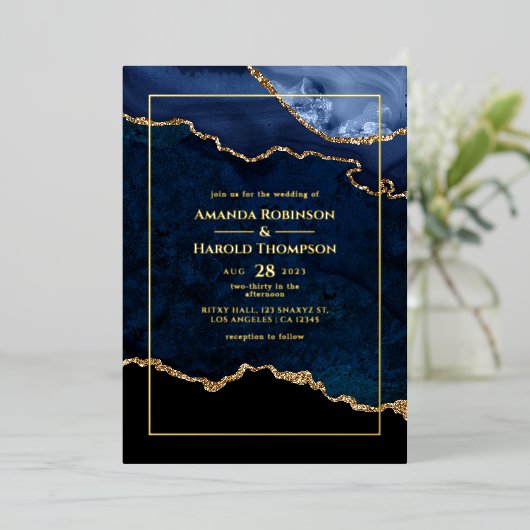 Einladung eines Navy Blue and Gold Agate Wedding F (Stehend vorne)