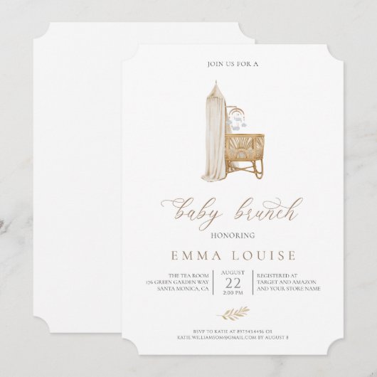 Einladung eines neutralen Boho Babybrunch (Vorne/Hinten)