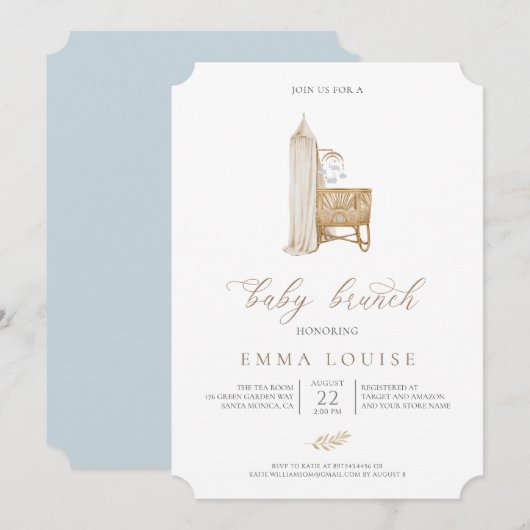 Einladung eines neutralen Boho Babybrunch (Vorne/Hinten)