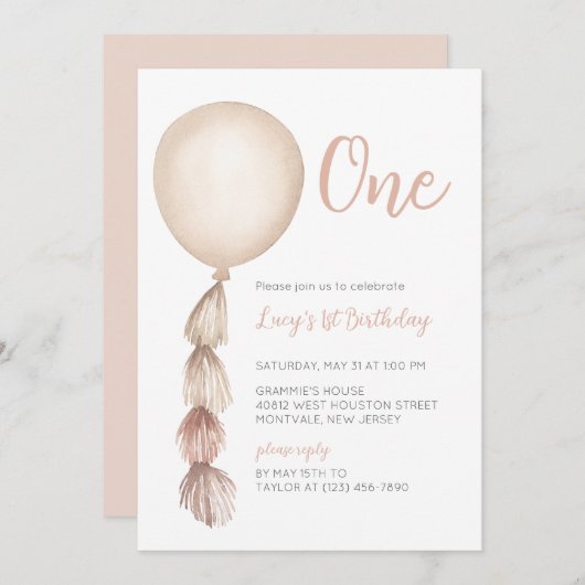 Einladung eines neutralen Boho Ballons zum ersten (Vorne/Hinten)