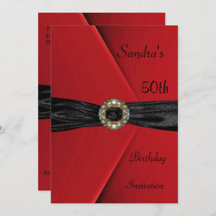Einladung Elegant 50. Red Velvet Pearl Jewel Bow