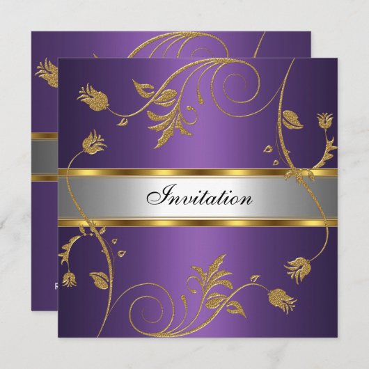Einladung Elegant Lila Gold Silber Blumen (Vorne/Hinten)