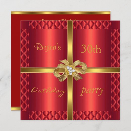 Einladung Elegant Red Silk Gold Bow Diamond (Vorne/Hinten)