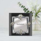 Einladung Elegant Silver Black Pearl Jewel (Stehend Vorderseite)