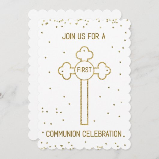 Einladung Erste heilige Kommunion Gold Look Cross (Vorne/Hinten)