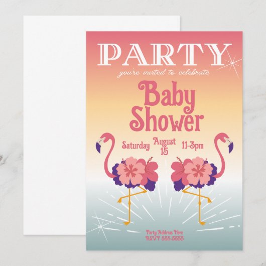 Einladung Flamingo Sunset, Babydusche (Vorne/Hinten)