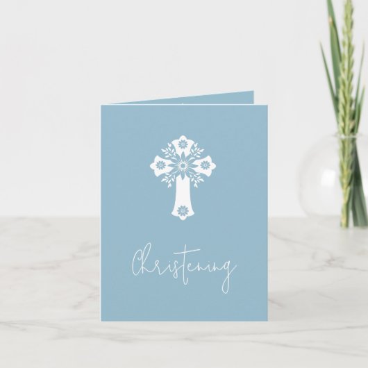 Einladung Floral Cross Christening Sky Blue (Vorderseite)
