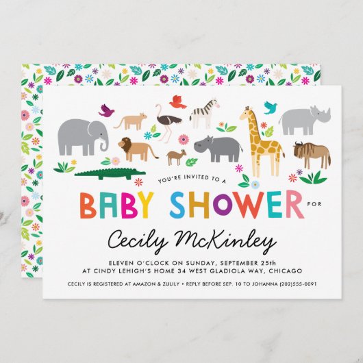 Einladung für afrikanische Tiere Babydusche (Vorne/Hinten)