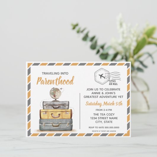 Einladung für eine neutrale Reisebabydusche (Stehend Vorderseite)