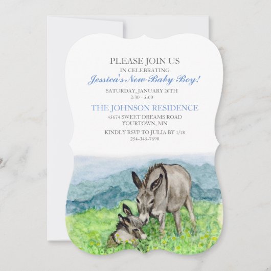 Einladung für Miniatur-Donkey-Babydusche (Vorderseite)