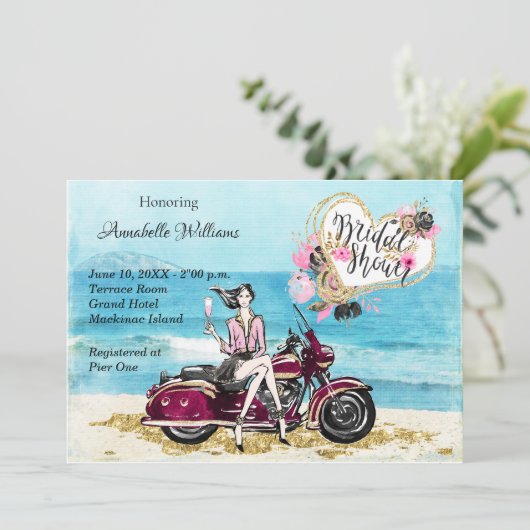 Einladung für Motorrad-Bridal-Dusche (Stehend Vorderseite)