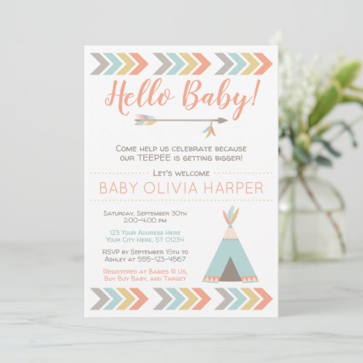 Einladung für Tribal Baby Shower | Teepee Sprinkle (Stehend Vorderseite)