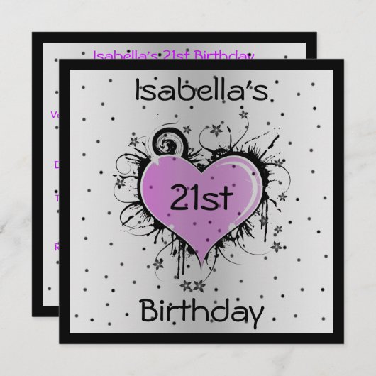 Einladung Geburtstag Lila Herz auf schwarz (Vorne/Hinten)