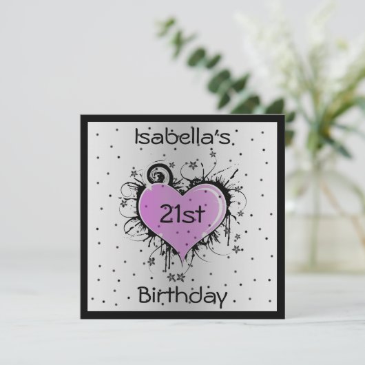 Einladung Geburtstag Lila Herz auf schwarz (Stehend Vorderseite)