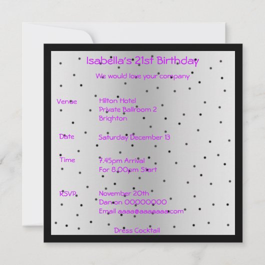 Einladung Geburtstag Lila Herz auf schwarz (Rückseite)