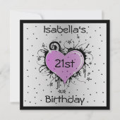 Einladung Geburtstag Lila Herz auf schwarz (Vorderseite)