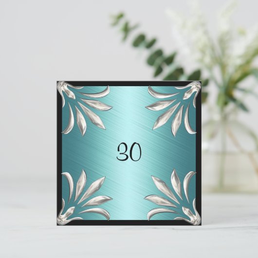 Einladung Geburtstag Schwarz Aquamarin mit Silver (Stehend Vorderseite)