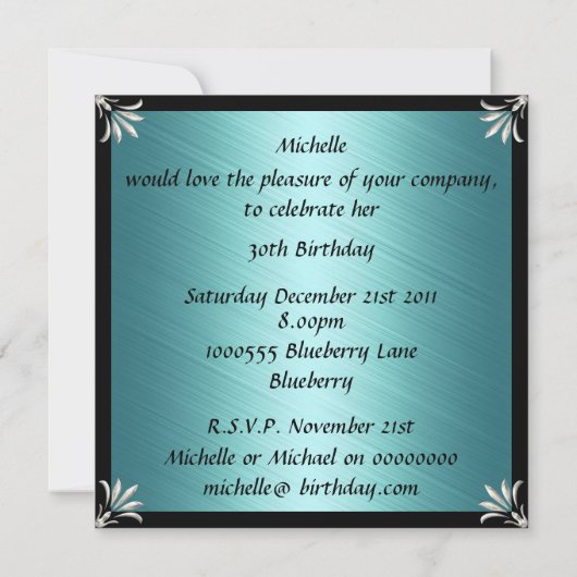 Einladung Geburtstag Schwarz Aquamarin mit Silver  (Rückseite)