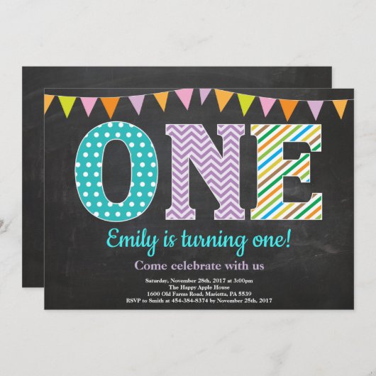 Einladung Girl Chalkboard zum 1. Geburtstag (Vorne/Hinten)