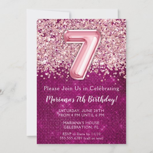 Einladung Girly Magenta Pink Glitzer (Vorderseite)