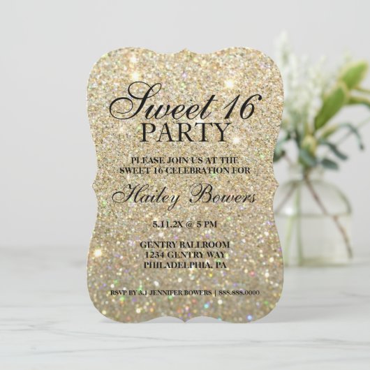 Einladung - Gold Glitzer Fab Sweet 16  (Stehend Vorderseite)