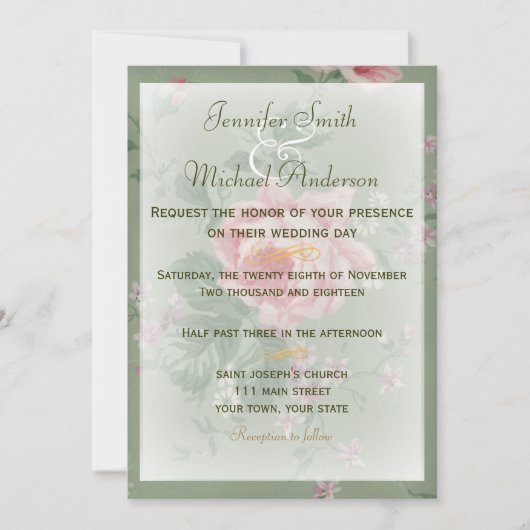 Einladung Green & Pink Rose Einfache Hochzeit (Vorderseite)