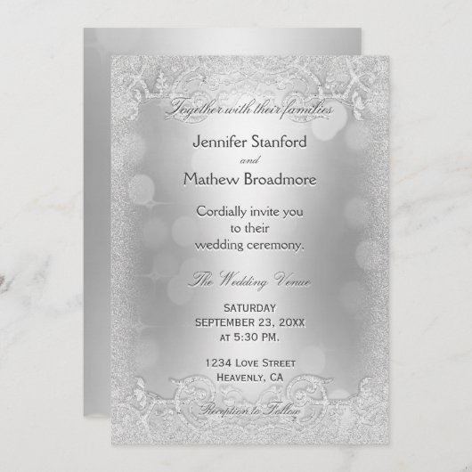 Einladung Hochzeit Elegante Silver Imitats Glitzer (Vorne/Hinten)