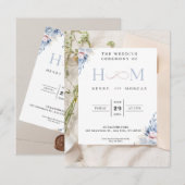 Einladung Hochzeit, klassisch mit blauen Blumen (Vorne/Hinten)