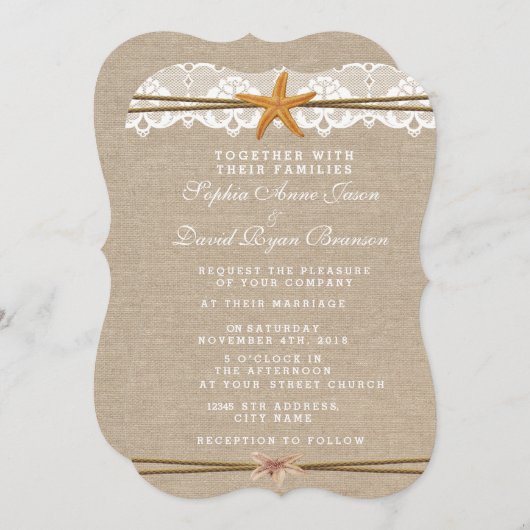 Einladung Hochzeit Rustic Beach Starfish Lace (Vorne/Hinten)