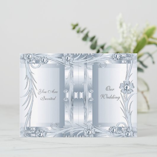 Einladung Hochzeit Silver Blue Art Deco (Stehend Vorderseite)