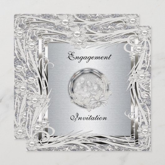 Einladung Hochzeit Verlobung Silber Blumenrahmen (Vorne/Hinten)