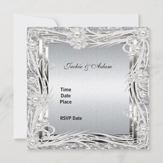 Einladung Hochzeit Verlobung Silber Blumenrahmen (Rückseite)