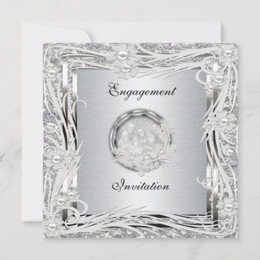 Einladung Hochzeit Verlobung Silber Blumenrahmen (Vorderseite)