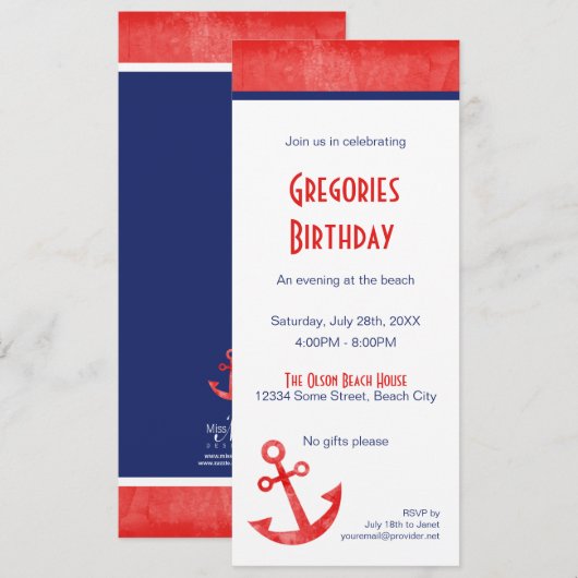 Einladung in Rot und Blauer Anker (Vorne/Hinten)