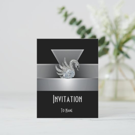 Einladung Jeden Anlaß Black Silver Swan Art Deco (Stehend Vorderseite)