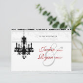 Einladung Kronleuchter Schwarz-weiß Damask Hochzei (Stehend Vorderseite)