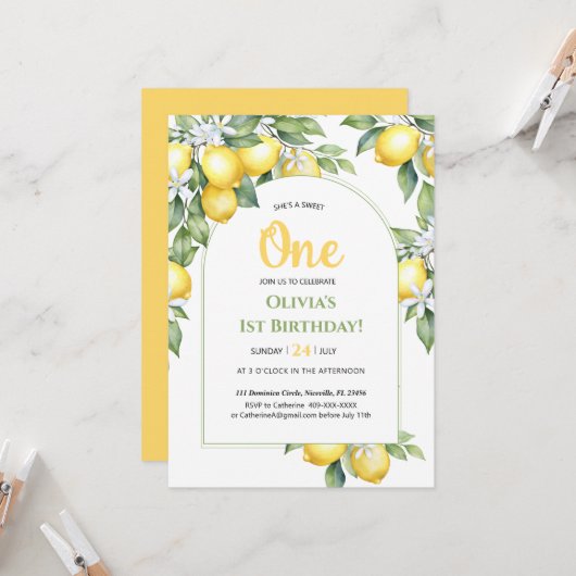 Einladung Lemon Zitrus 1. Geburtstag. (Vorderseite/Rückseite Beispiel)