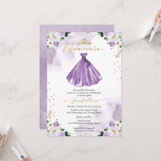 Einladung Lila Blumenkleid aus Quinceanera (Vorderseite/Rückseite Beispiel)