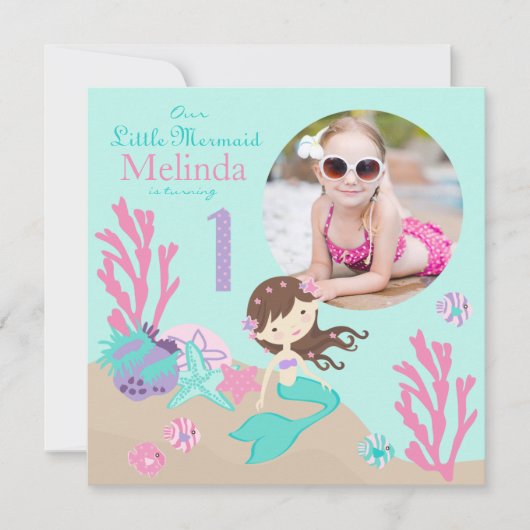 Einladung lt-Brunette Mermaid First Birthday (Vorderseite)
